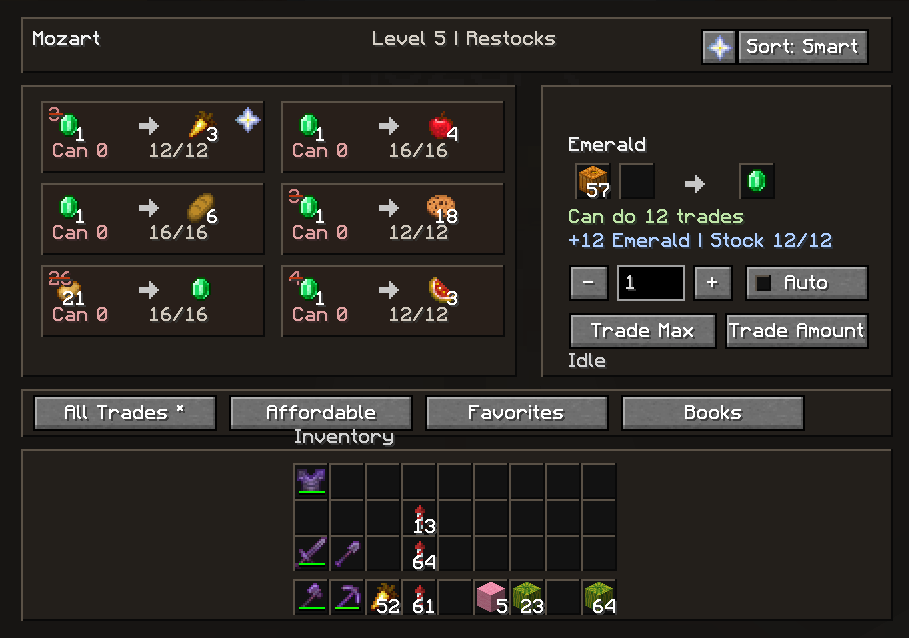 Villager Trading Helper displaying a larger grid of Minecraft trades