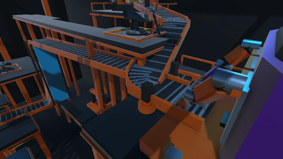 A curved conveyor turn carrying the factory route between stacked platforms beside an assembler arm
