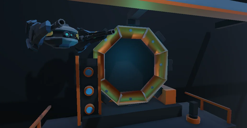 Blue industrial drone flying beside a large octagonal portal and its three core sockets on the top factory deck
