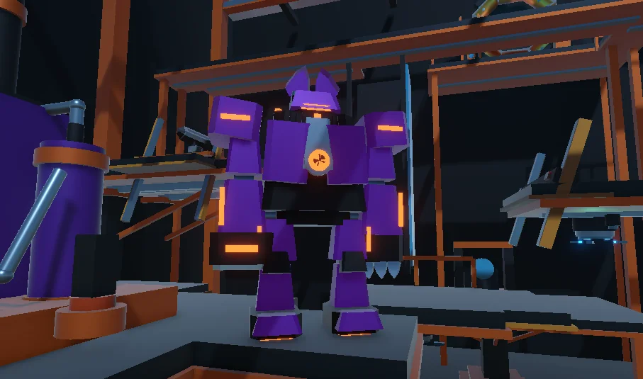 Large purple Foundry Brute enemy with glowing orange vents and heavy mechanical arms standing on a factory deck