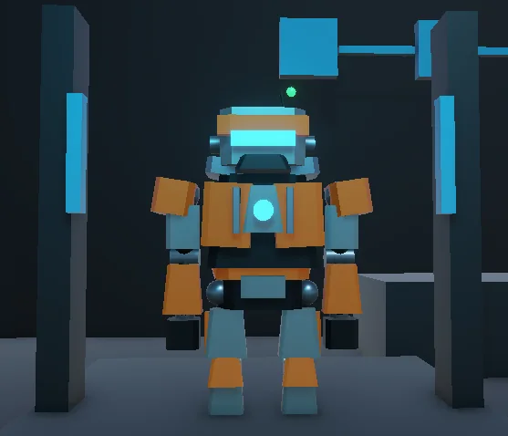 Small orange, steel, and cyan maintenance robot standing between two factory service columns
