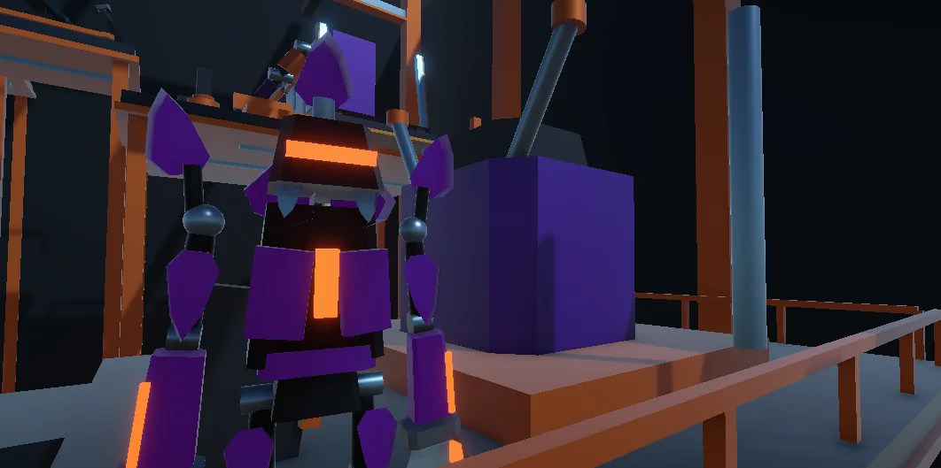 Tall narrow purple Saboteur Cutter enemy with an orange visor and long blade hands beside factory machinery